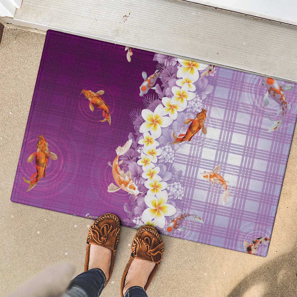 Hawaii And Japan Rubber Doormat Plumeria Lei With Koi Fish Purple - Polynesian Pride
