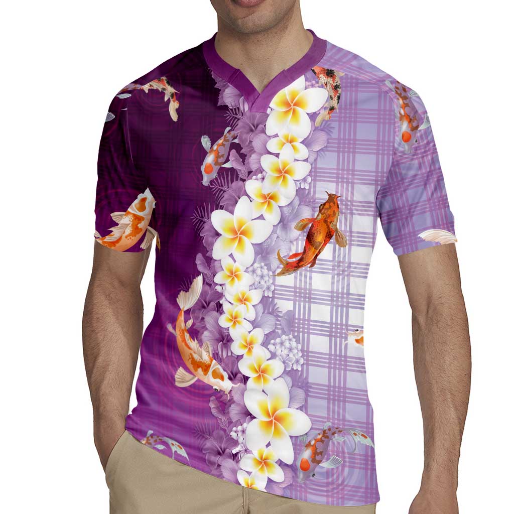 Hawaii And Japan Rugby Jersey Plumeria Lei With Koi Fish Purple - Polynesian Pride