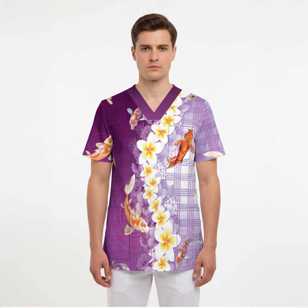 Hawaii And Japan Scrub Top Plumeria Lei With Koi Fish Purple - Polynesian Pride