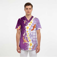 Hawaii And Japan Scrub Top Plumeria Lei With Koi Fish Purple - Polynesian Pride