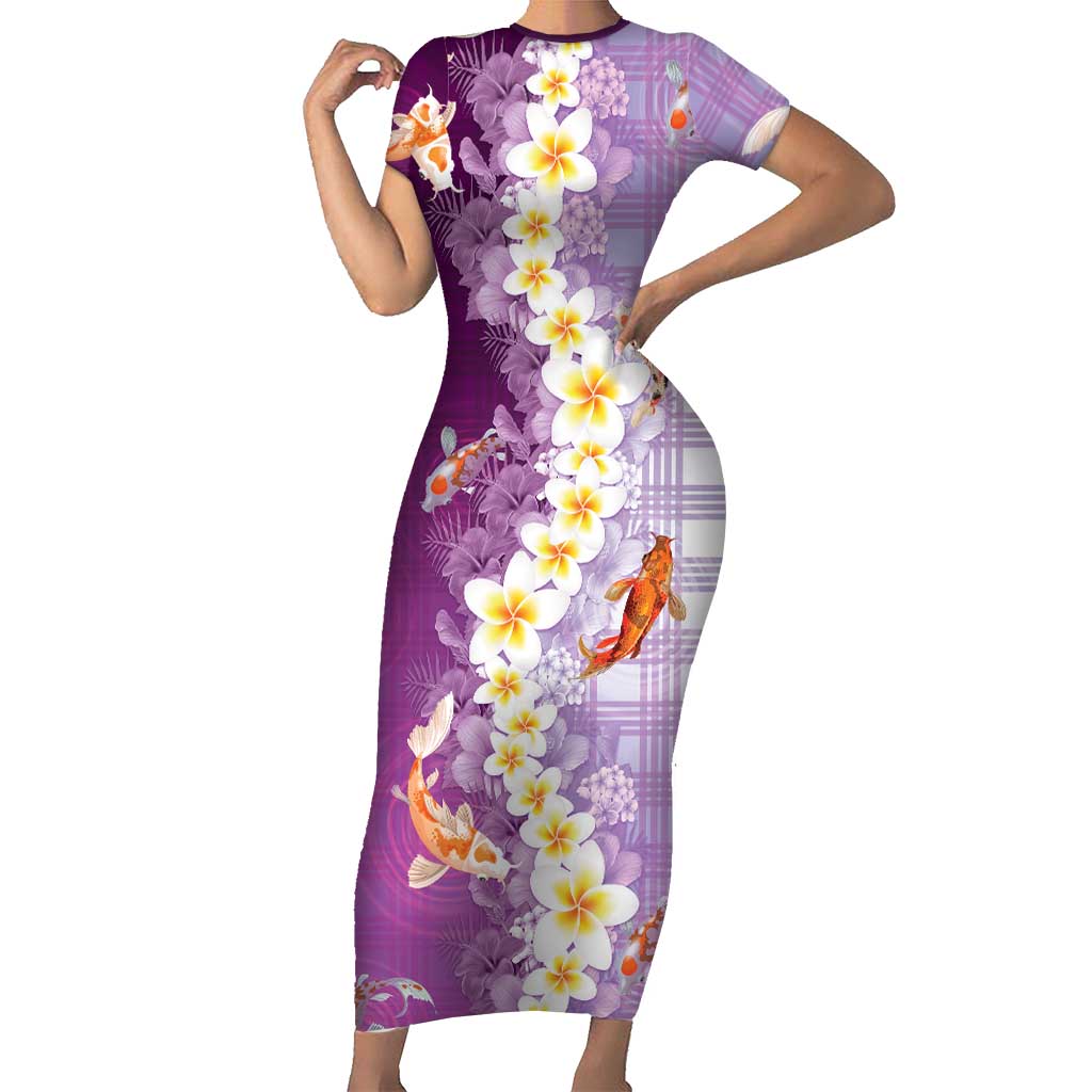 Hawaii And Japan Short Sleeve Bodycon Dress Plumeria Lei With Koi Fish Purple - Polynesian Pride