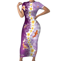 Hawaii And Japan Short Sleeve Bodycon Dress Plumeria Lei With Koi Fish Purple - Polynesian Pride