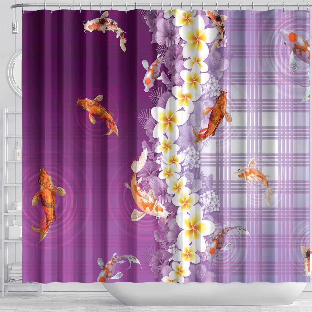 Hawaii And Japan Shower Curtain Plumeria Lei With Koi Fish Purple - Polynesian Pride