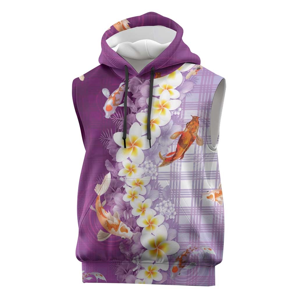 Hawaii And Japan Sleeveless Hoodie Plumeria Lei With Koi Fish Purple - Polynesian Pride