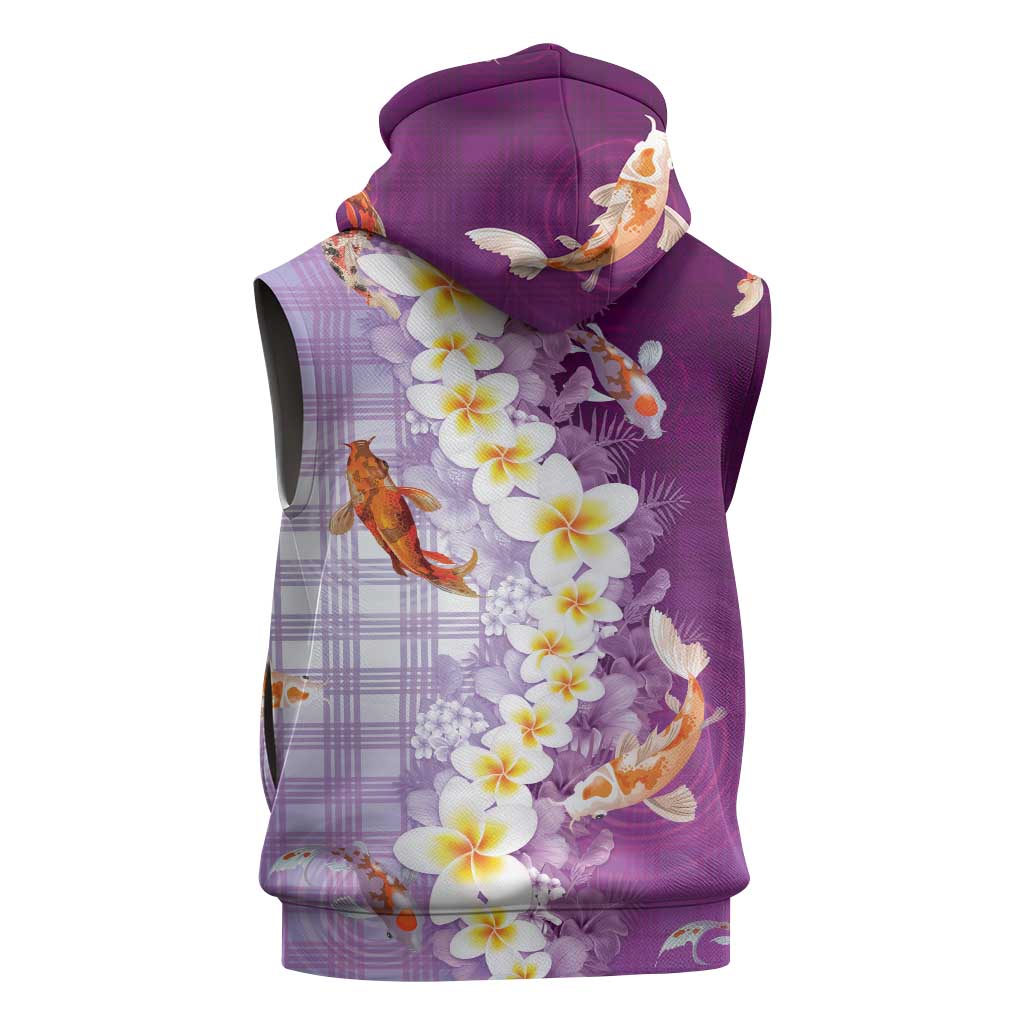 Hawaii And Japan Sleeveless Hoodie Plumeria Lei With Koi Fish Purple - Polynesian Pride