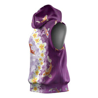 Hawaii And Japan Sleeveless Hoodie Plumeria Lei With Koi Fish Purple - Polynesian Pride