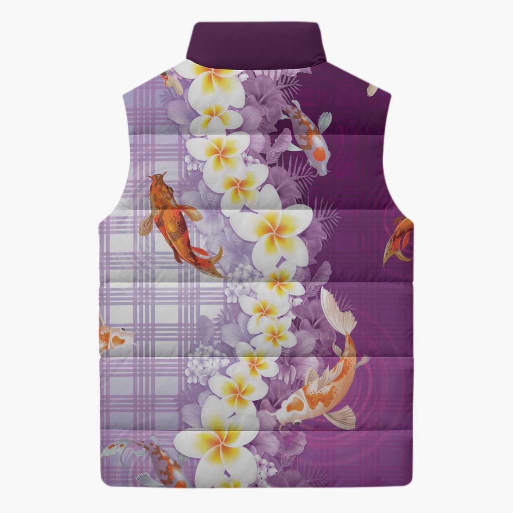 Hawaii And Japan Sleeveless Puffer Jacket Plumeria Lei With Koi Fish Purple - Polynesian Pride