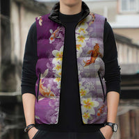 Hawaii And Japan Sleeveless Puffer Jacket Plumeria Lei With Koi Fish Purple - Polynesian Pride