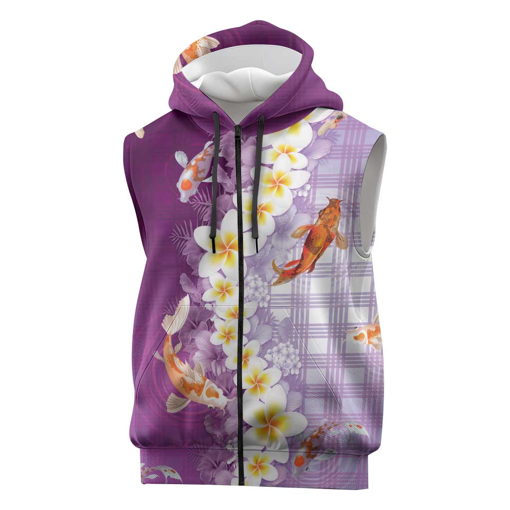 Hawaii And Japan Sleeveless Zip Hoodie Plumeria Lei With Koi Fish Purple - Polynesian Pride