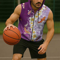 Hawaii And Japan Sleeveless Zip Hoodie Plumeria Lei With Koi Fish Purple - Polynesian Pride