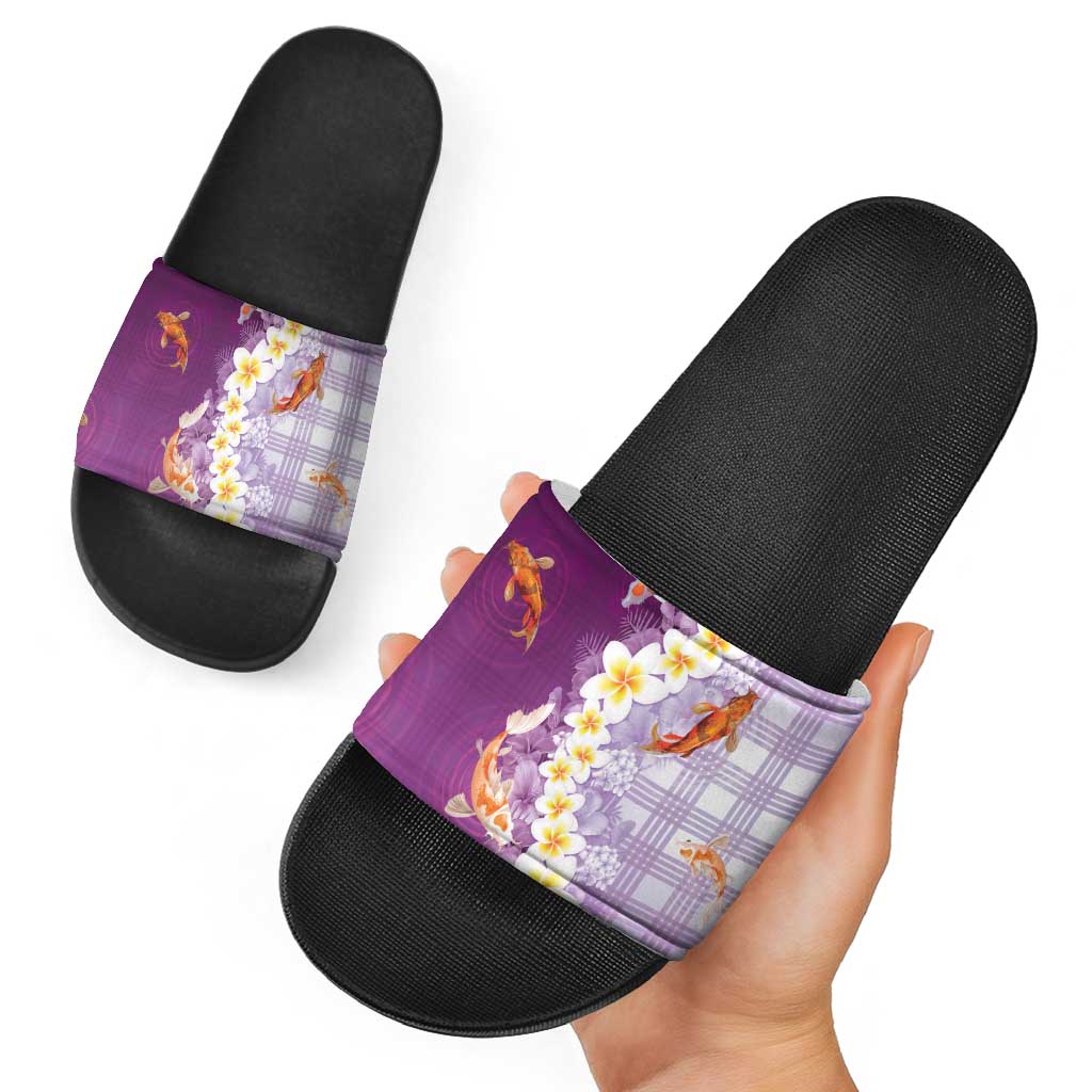 Hawaii And Japan Slide Sandals Plumeria Lei With Koi Fish Purple - Polynesian Pride