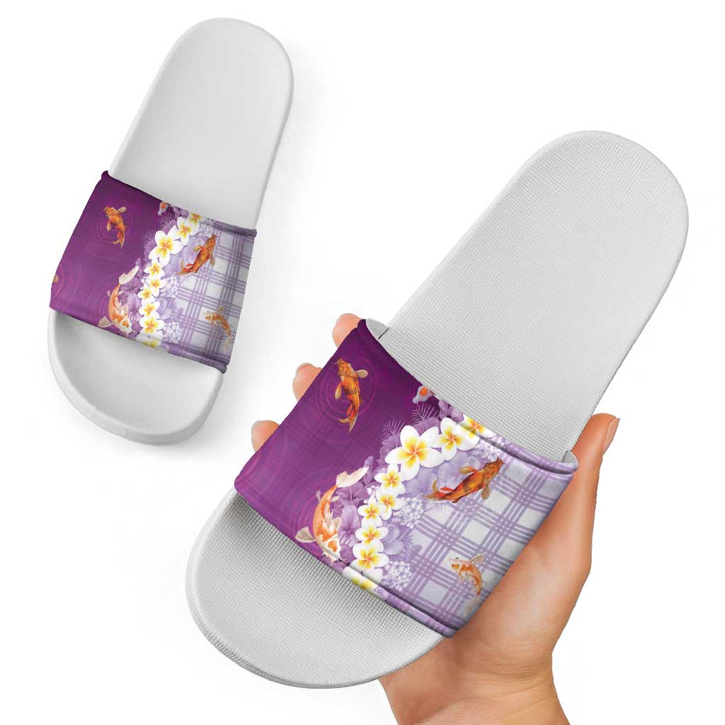 Hawaii And Japan Slide Sandals Plumeria Lei With Koi Fish Purple - Polynesian Pride