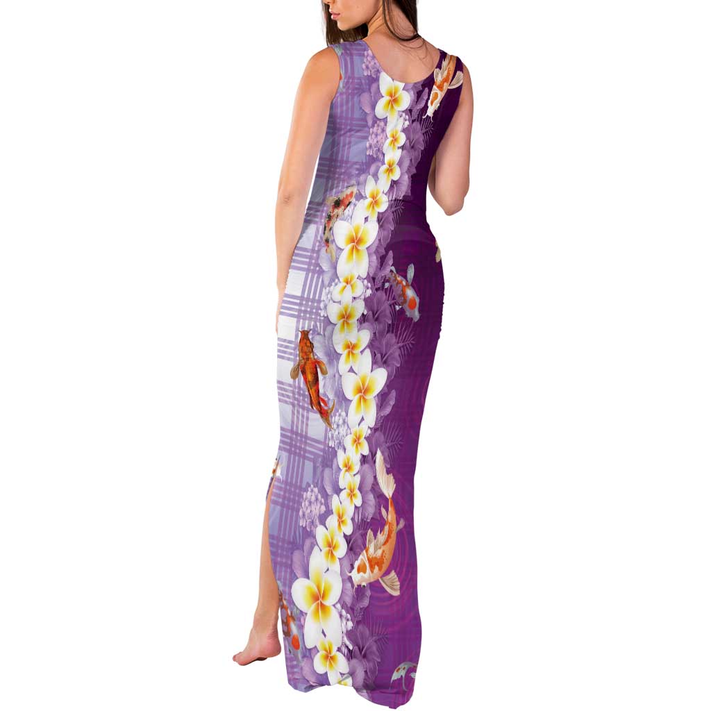 Hawaii And Japan Tank Maxi Dress Plumeria Lei With Koi Fish Purple - Polynesian Pride