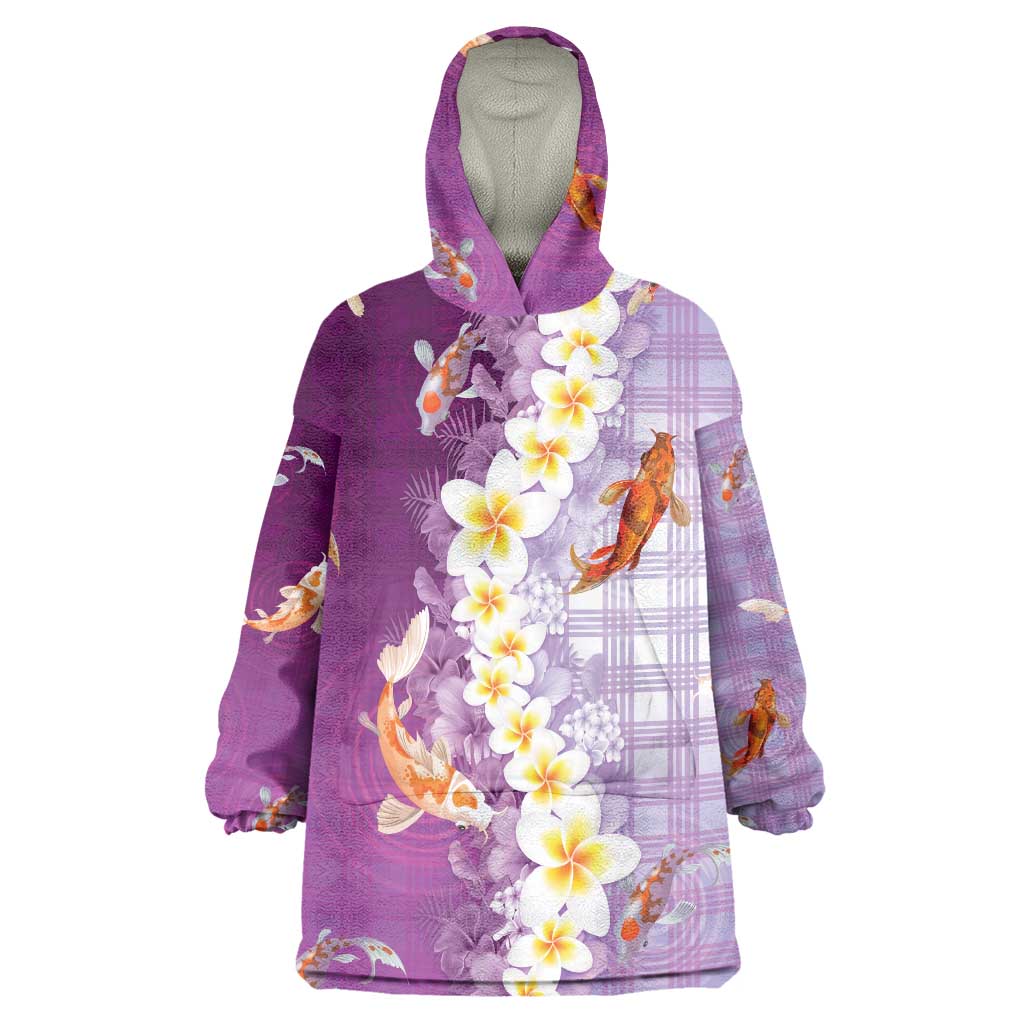 Hawaii And Japan Wearable Blanket Hoodie Plumeria Lei With Koi Fish Purple - Polynesian Pride