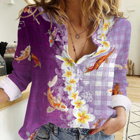 Hawaii And Japan Women Casual Shirt Plumeria Lei With Koi Fish Purple - Polynesian Pride