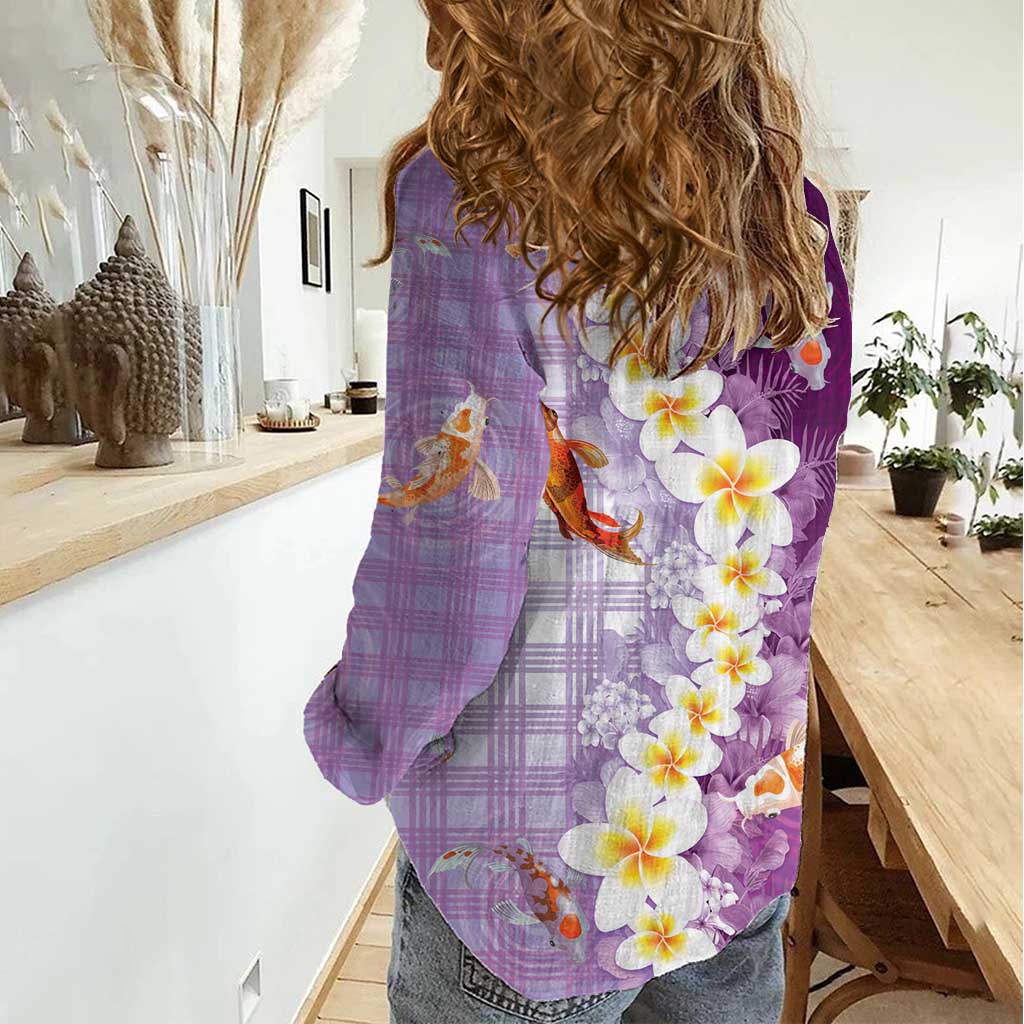 Hawaii And Japan Women Casual Shirt Plumeria Lei With Koi Fish Purple - Polynesian Pride