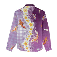 Hawaii And Japan Women Casual Shirt Plumeria Lei With Koi Fish Purple - Polynesian Pride