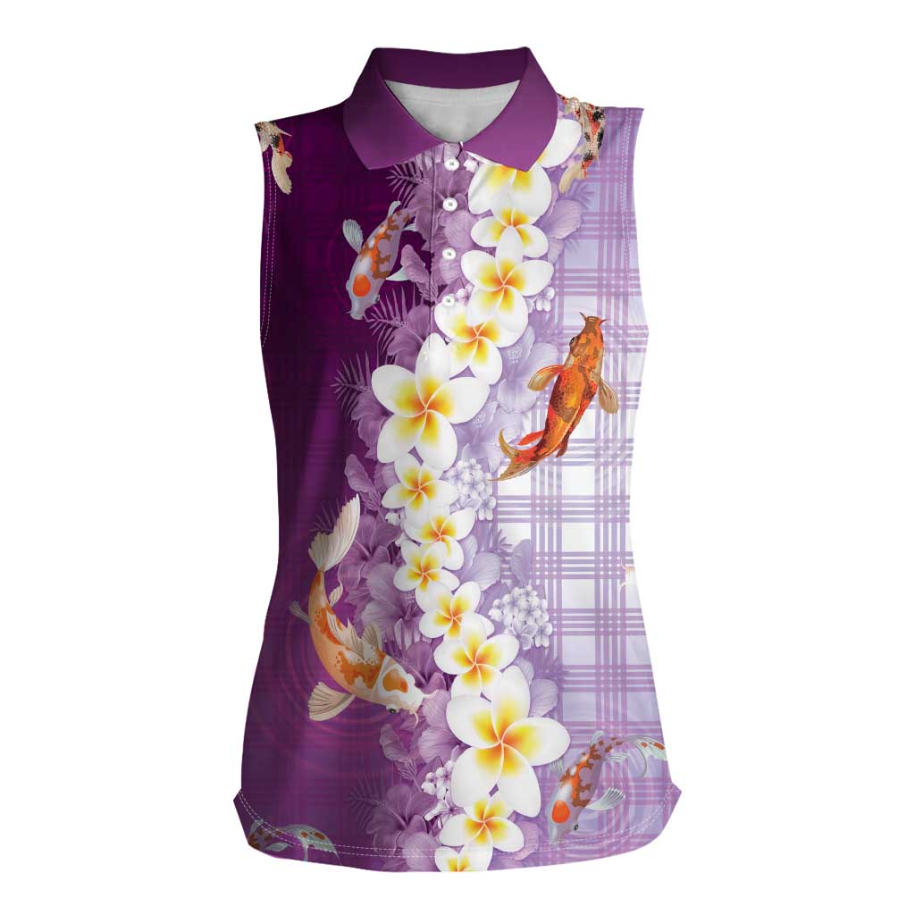 Hawaii And Japan Women Sleeveless Polo Shirt Plumeria Lei With Koi Fish Purple - Polynesian Pride