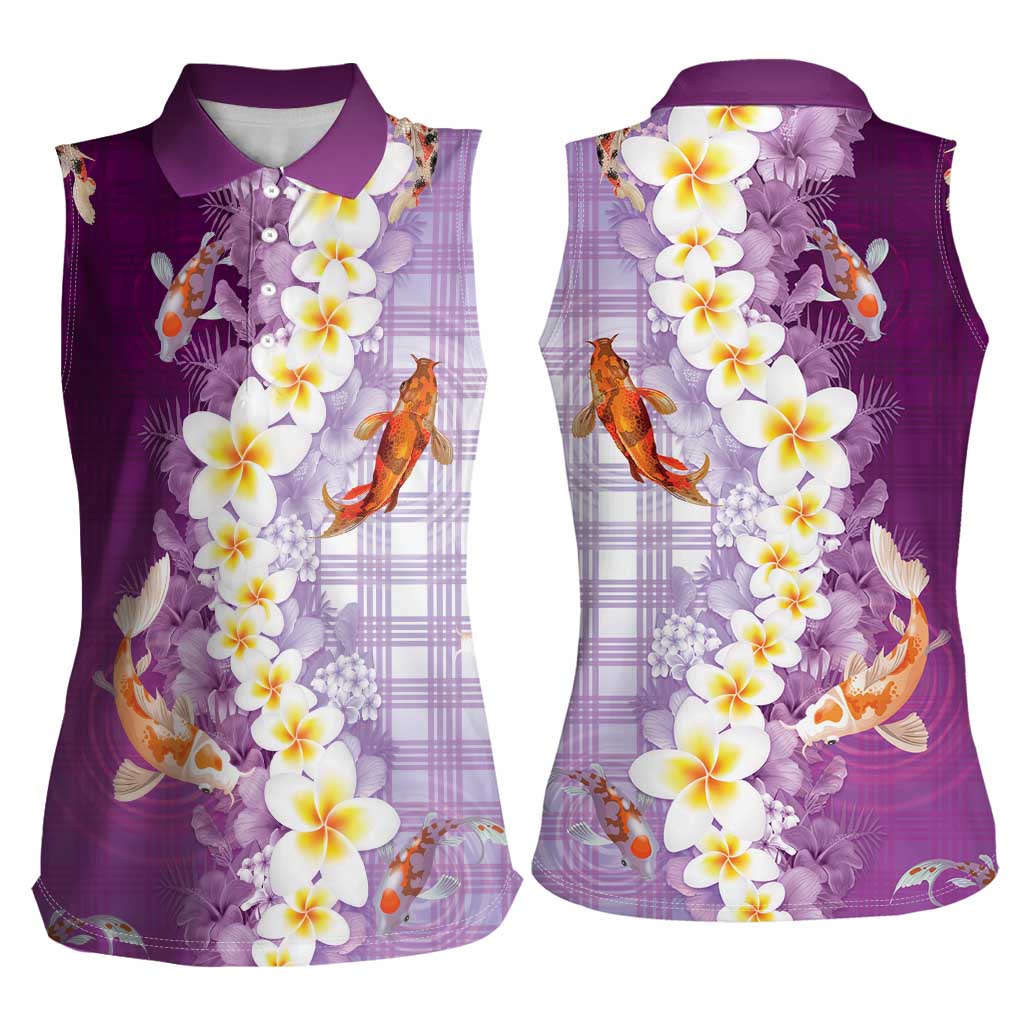 Hawaii And Japan Women Sleeveless Polo Shirt Plumeria Lei With Koi Fish Purple - Polynesian Pride