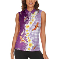 Hawaii And Japan Women Sleeveless Polo Shirt Plumeria Lei With Koi Fish Purple - Polynesian Pride
