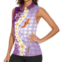 Hawaii And Japan Women Sleeveless Polo Shirt Plumeria Lei With Koi Fish Purple - Polynesian Pride