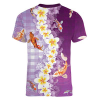 Hawaii And Japan Women V-Neck T-Shirt Plumeria Lei With Koi Fish Purple - Polynesian Pride