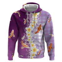 Hawaii And Japan Zip Hoodie Plumeria Lei With Koi Fish Purple - Polynesian Pride
