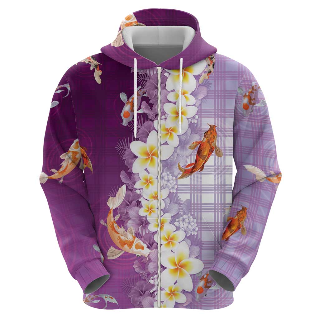 Hawaii And Japan Zip Hoodie Plumeria Lei With Koi Fish Purple - Polynesian Pride