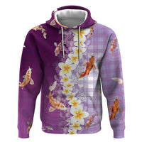 Hawaii And Japan Zip Hoodie Plumeria Lei With Koi Fish Purple - Polynesian Pride