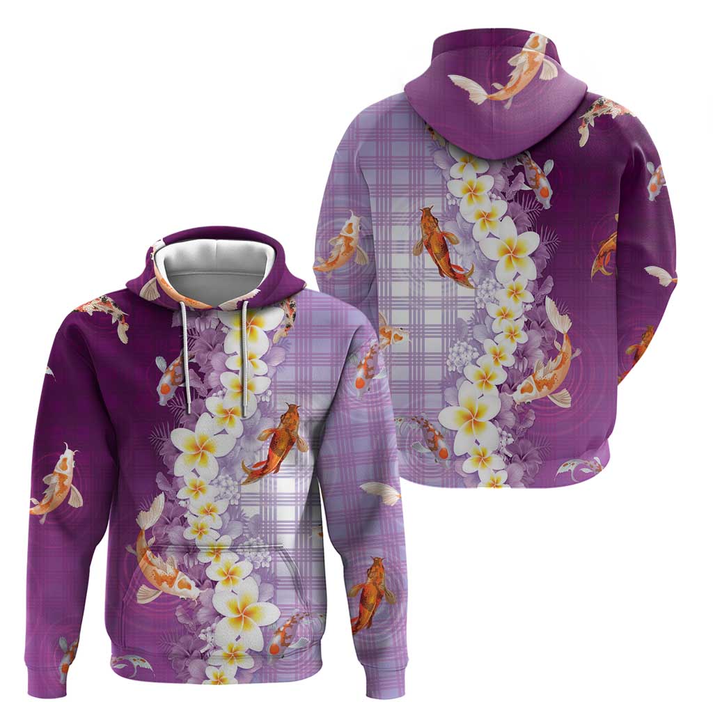 Hawaii And Japan Zip Hoodie Plumeria Lei With Koi Fish Purple - Polynesian Pride