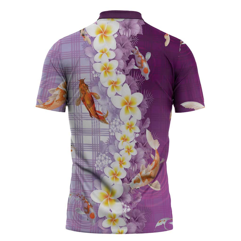 Hawaii And Japan Zipper Polo Shirt Plumeria Lei With Koi Fish Purple - Polynesian Pride