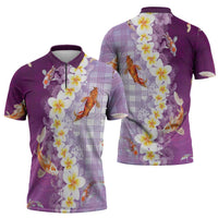 Hawaii And Japan Zipper Polo Shirt Plumeria Lei With Koi Fish Purple - Polynesian Pride