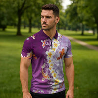 Hawaii And Japan Zipper Polo Shirt Plumeria Lei With Koi Fish Purple - Polynesian Pride