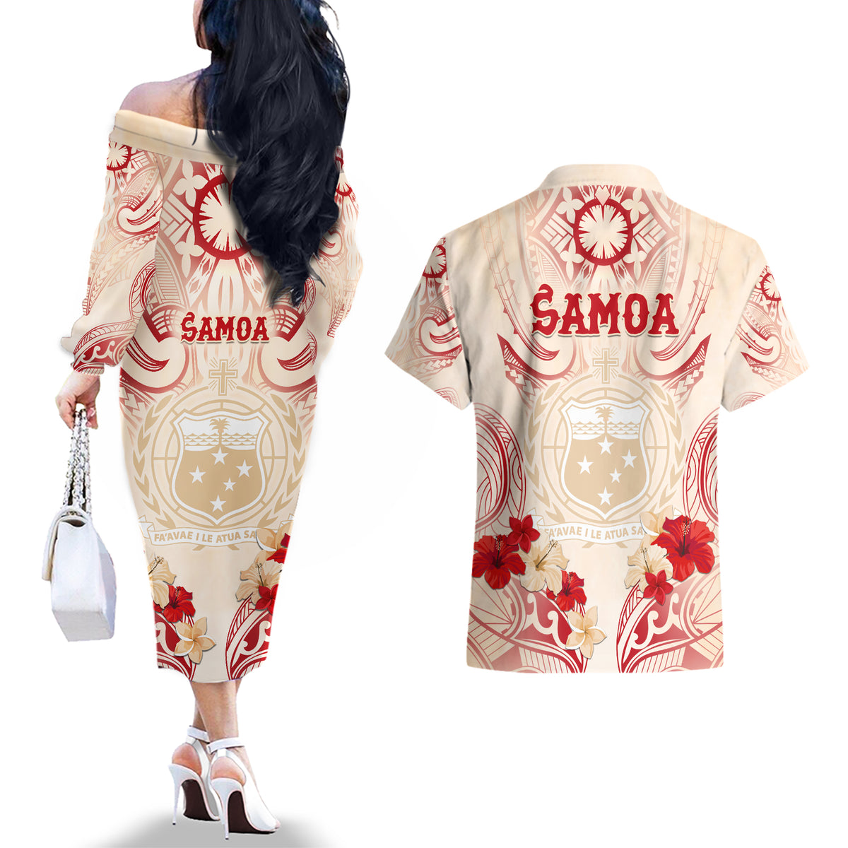 Siva Samoa Couples Matching Off The Shoulder Long Sleeve Dress and Hawaiian Shirt Samoan Taupou With Polynesian Pattern LT05 - Polynesian Pride