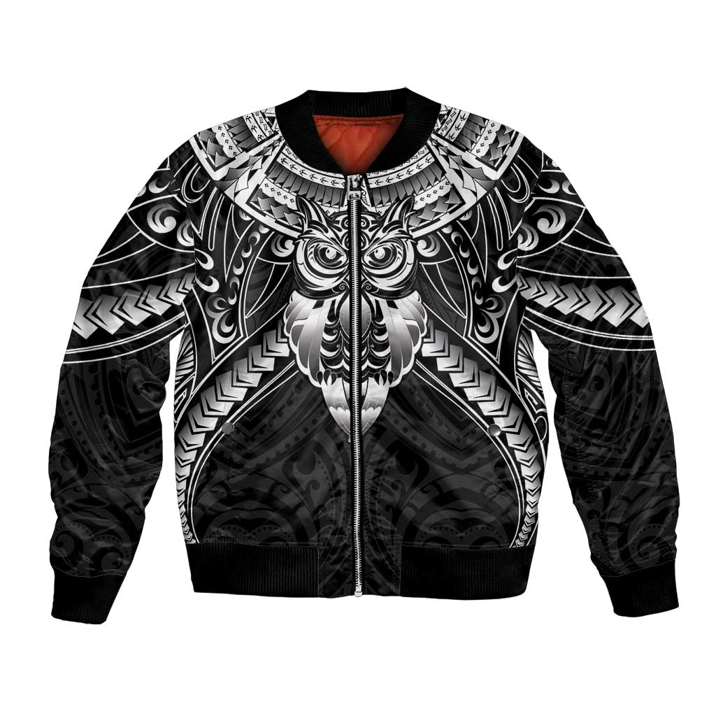 New Zealand Morepork Bomber Jacket Maori Pattern Black