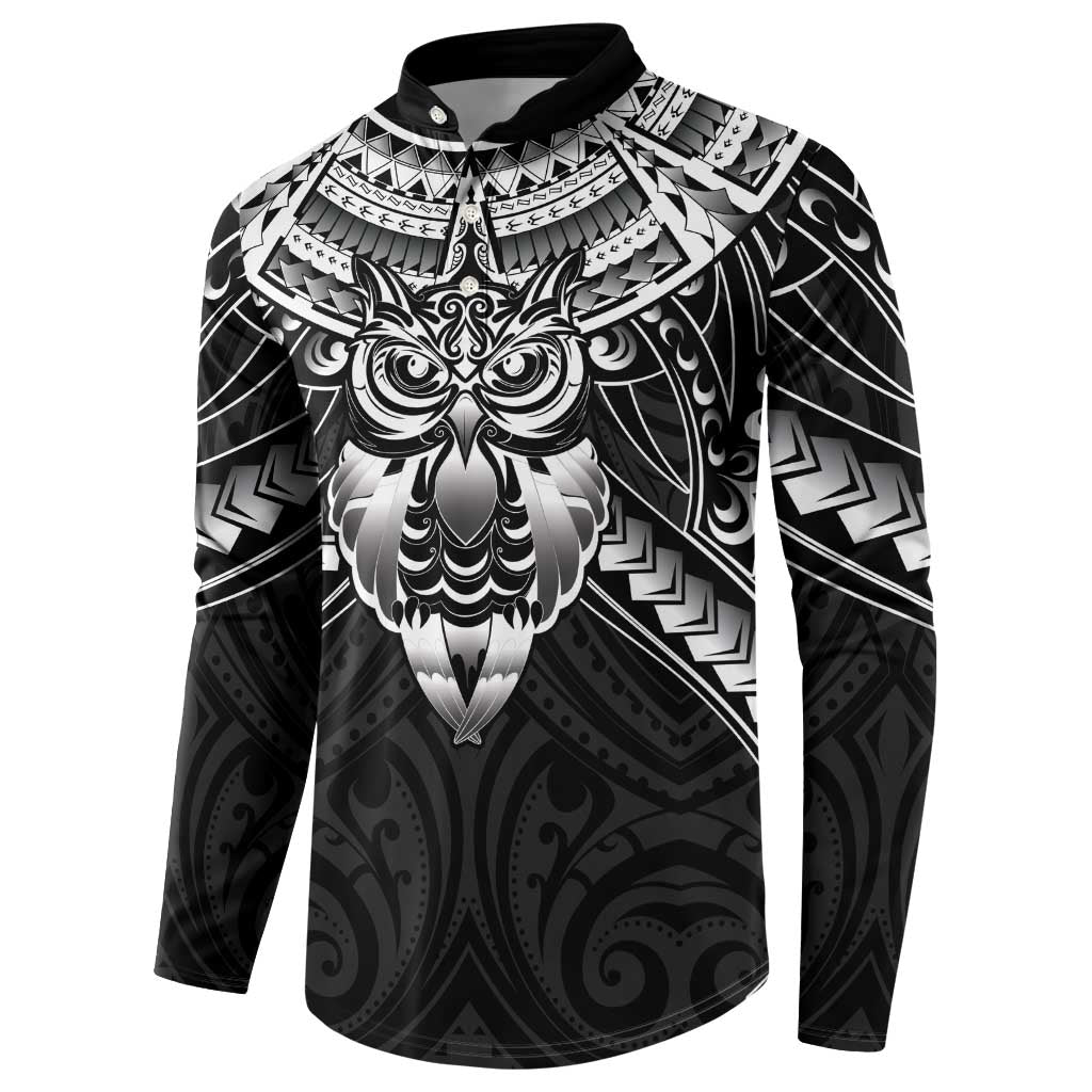 New Zealand Morepork Button Sweatshirt Maori Pattern Black LT05 - Polynesian Pride