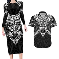 New Zealand Morepork Couples Matching Long Sleeve Bodycon Dress and Hawaiian Shirt Maori Pattern Black LT05 Black - Polynesian Pride