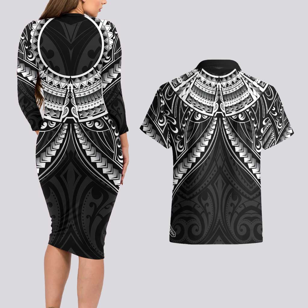 New Zealand Morepork Couples Matching Long Sleeve Bodycon Dress and Hawaiian Shirt Maori Pattern Black LT05 - Polynesian Pride