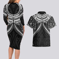 New Zealand Morepork Couples Matching Long Sleeve Bodycon Dress and Hawaiian Shirt Maori Pattern Black LT05 - Polynesian Pride