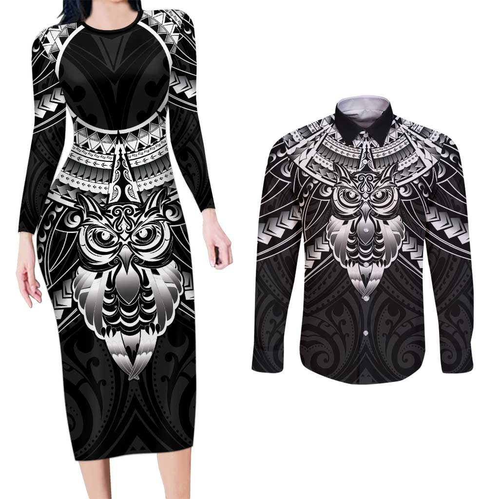 New Zealand Morepork Couples Matching Long Sleeve Bodycon Dress and Long Sleeve Button Shirt Maori Pattern Black LT05 Black - Polynesian Pride