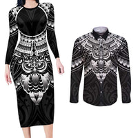New Zealand Morepork Couples Matching Long Sleeve Bodycon Dress and Long Sleeve Button Shirt Maori Pattern Black LT05 Black - Polynesian Pride