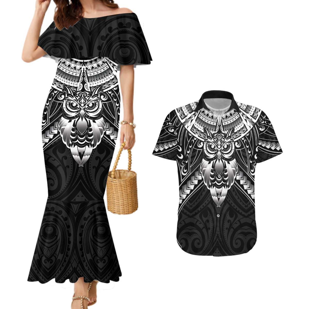 New Zealand Morepork Couples Matching Mermaid Dress and Hawaiian Shirt Maori Pattern Black LT05 Black - Polynesian Pride