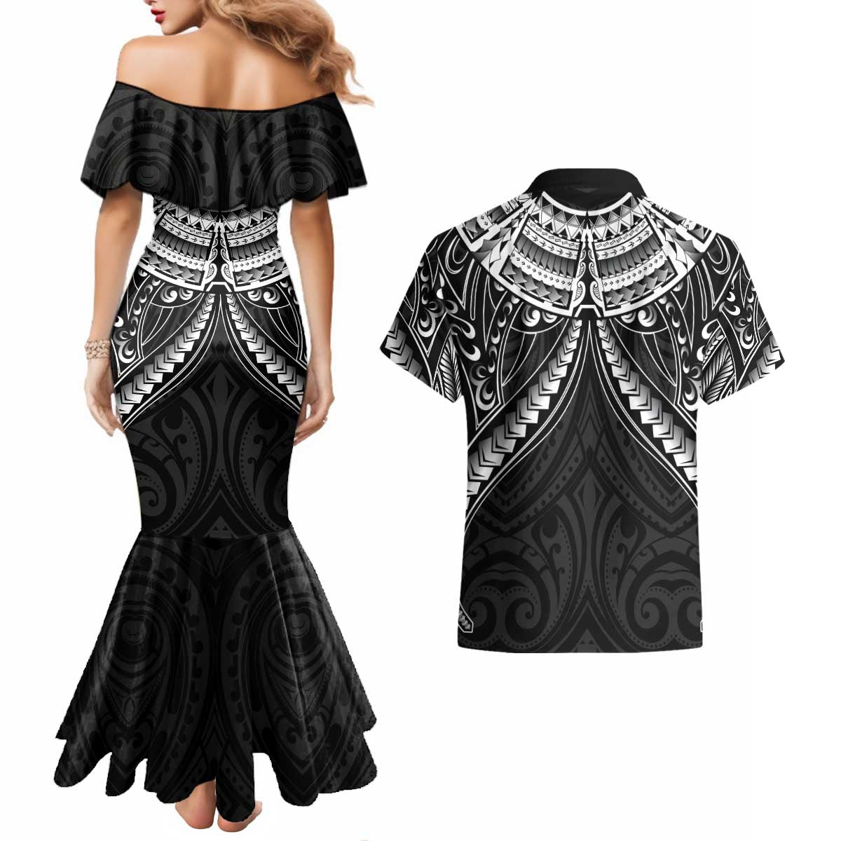 New Zealand Morepork Couples Matching Mermaid Dress and Hawaiian Shirt Maori Pattern Black LT05 - Polynesian Pride