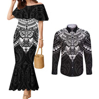 New Zealand Morepork Couples Matching Mermaid Dress and Long Sleeve Button Shirt Maori Pattern Black LT05 Black - Polynesian Pride