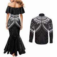 New Zealand Morepork Couples Matching Mermaid Dress and Long Sleeve Button Shirt Maori Pattern Black LT05 - Polynesian Pride