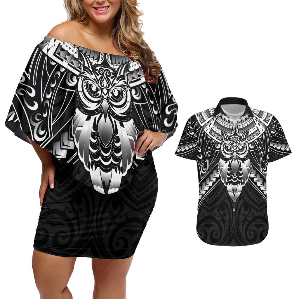 New Zealand Morepork Couples Matching Off Shoulder Short Dress and Hawaiian Shirt Maori Pattern Black LT05 Black - Polynesian Pride