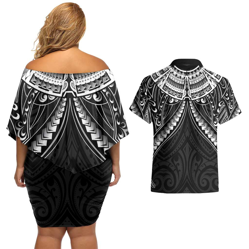 New Zealand Morepork Couples Matching Off Shoulder Short Dress and Hawaiian Shirt Maori Pattern Black LT05 - Polynesian Pride