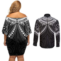 New Zealand Morepork Couples Matching Off Shoulder Short Dress and Long Sleeve Button Shirt Maori Pattern Black