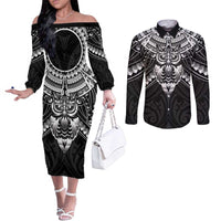 New Zealand Morepork Couples Matching Off The Shoulder Long Sleeve Dress and Long Sleeve Button Shirt Maori Pattern Black LT05 Black - Polynesian Pride