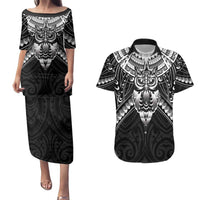 New Zealand Morepork Couples Matching Puletasi and Hawaiian Shirt Maori Pattern Black